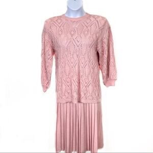 Pink Sweater Skirt Set Vintage Made in the USA Drop Waist Open Weave Size 10